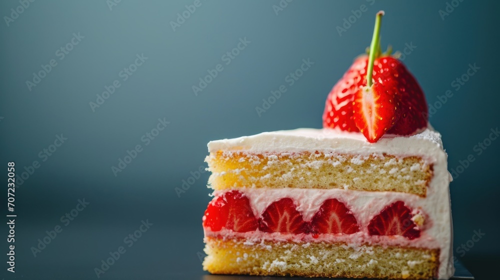 Poster a close up of a slice of cake with a strawberry on top of it and the rest of the cake in the foregro