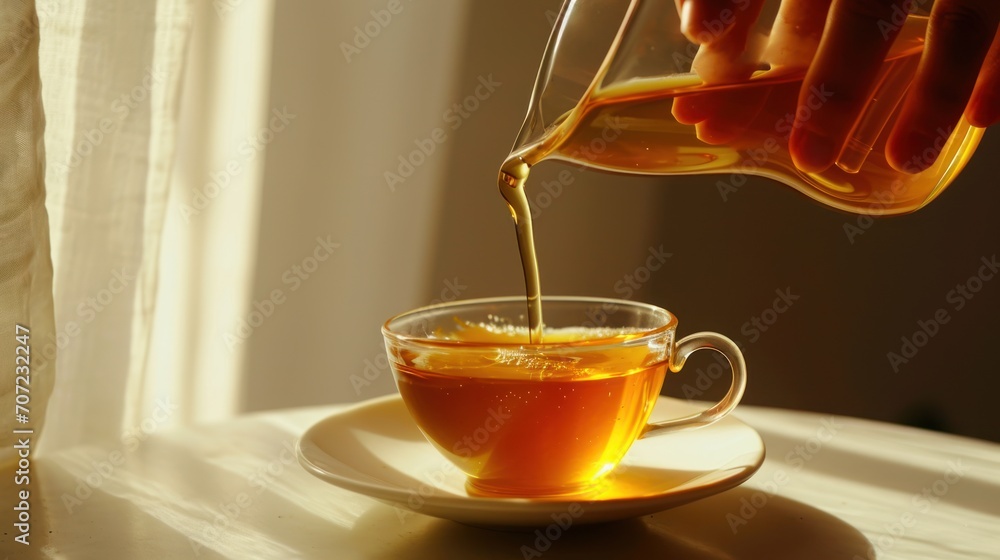Aufkleber a person pouring tea into a cup on a saucer on a saucer on a saucer on a saucer on a table in front 