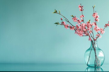 Glass vase with pink blossoms flowers twigs on glass table near empty, blank turquoise wall. Home interior background with copy space.