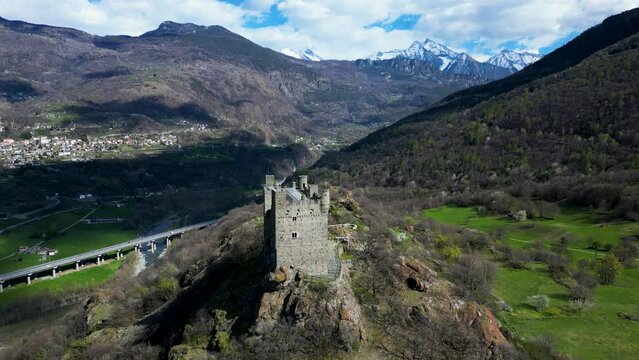 Aerial view of beautiful Ussel castle Aosta valley Italy