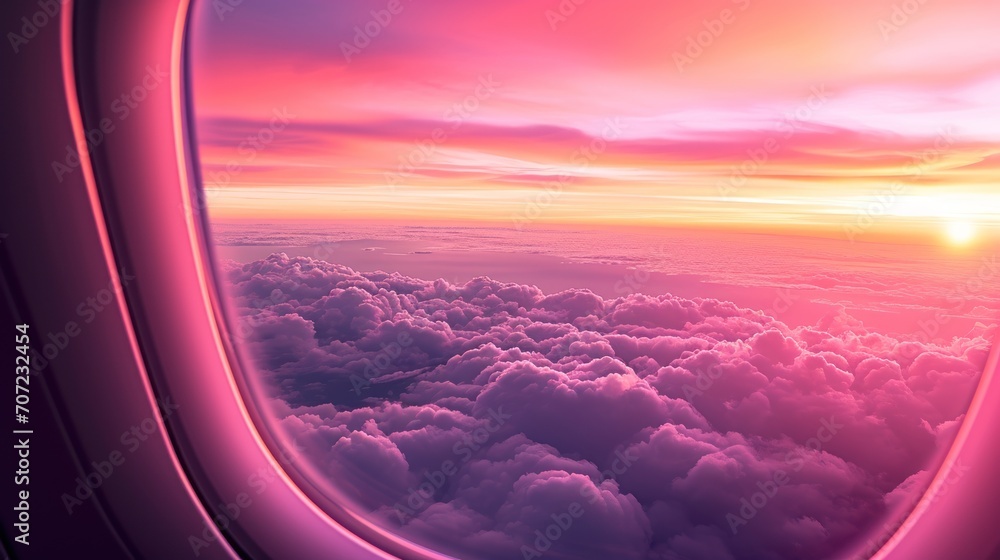 Aufkleber the view out of an airplane window shows the clouds and the setting sun as seen from the inside of t