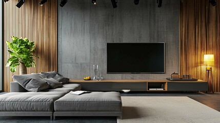 Gray sofa near wooden paneling wall and tv unit. Loft interior design of modern living room with concrete wall. - obrazy, fototapety, plakaty