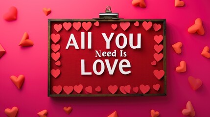  a sign that says all you need is love on a pink background with lots of red hearts scattered around it and the words all you need is love written on it.