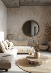 a room that has a couch, sofa, coffee table and a mirror, in the style of simplicity, monochromatic color palettes, nature-inspired pieces, earthy, minimalist purity, rounded