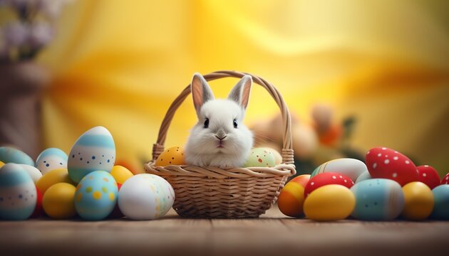 Cute bunny in a basket with Easter eggs. Greeting card.