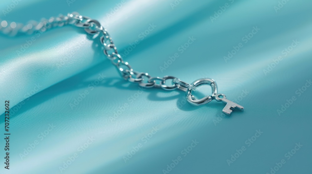 Poster a close up of a silver chain with a key on a blue satin background with a silver chain hanging from 