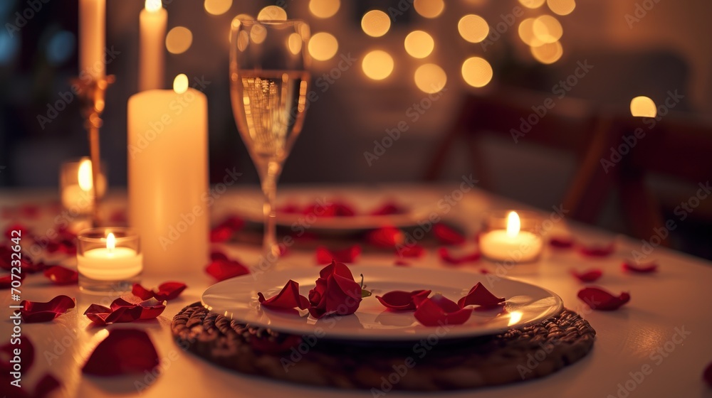 Poster a close up of a plate on a table with rose petals on it and a glass of wine in front of the plate an