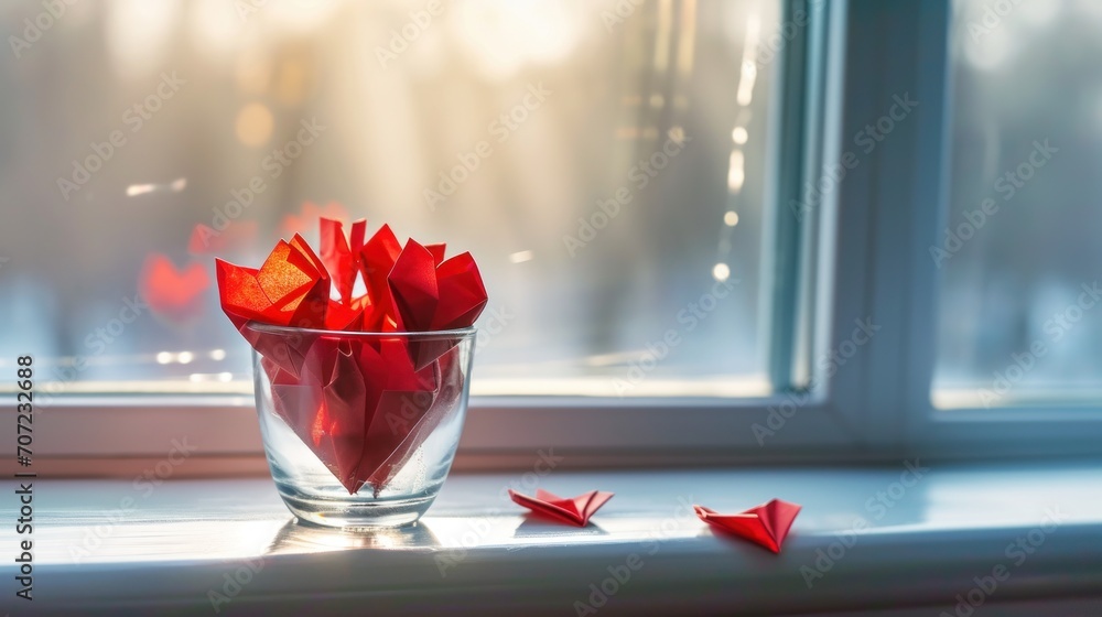 Poster a vase filled with red origami pieces on top of a window sill next to a window sill with the sun shi