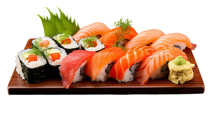  A platter of different types of sushi, isolated, white background