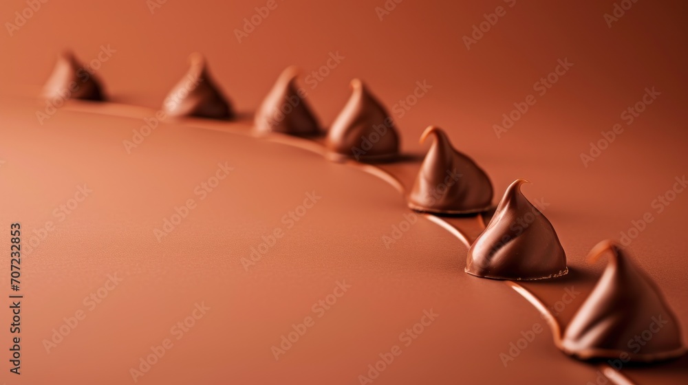 Aufkleber a row of chocolate candies sitting on top of a brown surface with a line of them in the shape of a r