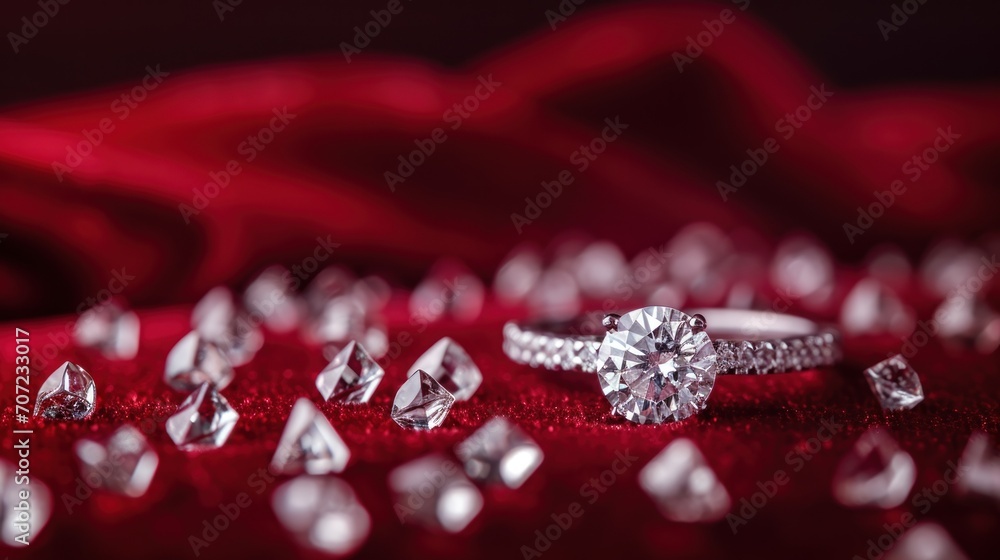 Poster a close up of a diamond ring and some diamonds on a red cloth with a red cloth behind it and a red c