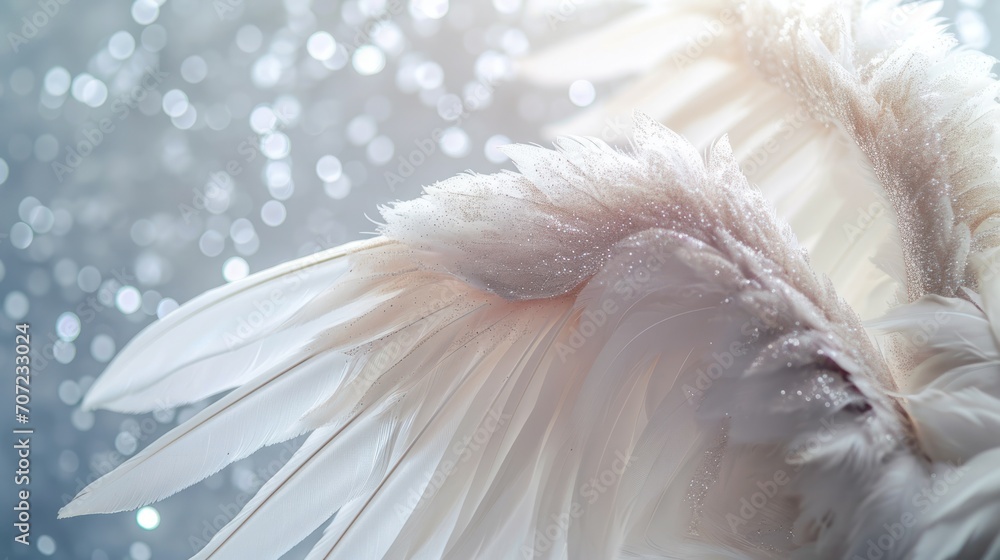 Poster a close up of a white feather on a blue and white background with boke of light shining on the feath