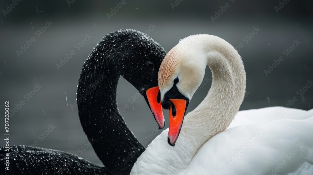 Poster a close up of a black and white swan with it's head turned to the side with it's beak open and it's 