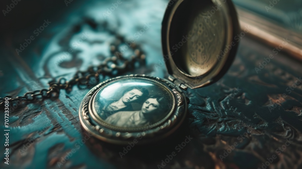 Poster a locket with a picture of a man and woman on it, attached to a chain, sitting on a table the locket