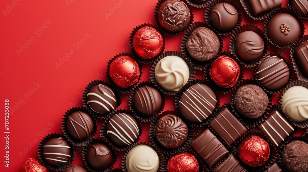 Aufkleber a pile of assorted chocolates sitting on top of a red table top next to a pile of assorted chocolate