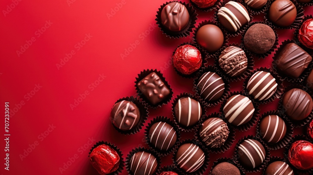 Aufkleber a pile of chocolates sitting next to each other on top of a red surface with one of the chocolates i