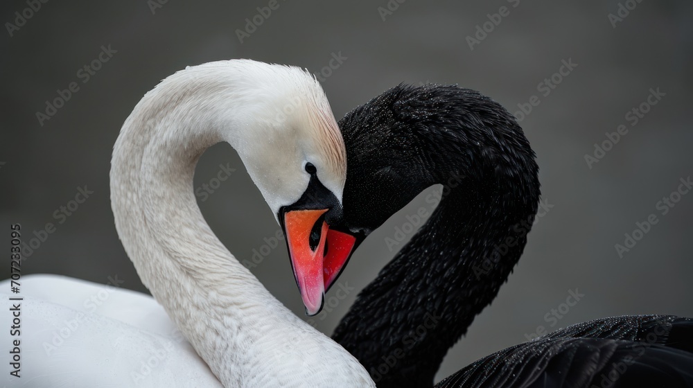Poster a close up of a black and white swan with it's beak in the shape of a heart with it's head turned sl