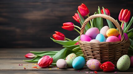 Basket with colorful painted Easter eggs, with tulips, card background