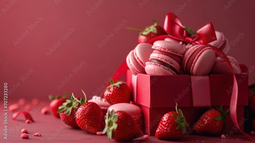 Poster a box of macaroons and strawberries with a red ribbon on a pink background with a few more macaroons