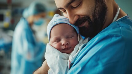 Generative AI, Pediatrician doctor holding a newborn baby in hospital, concept of childbirth and healthcare professionals	