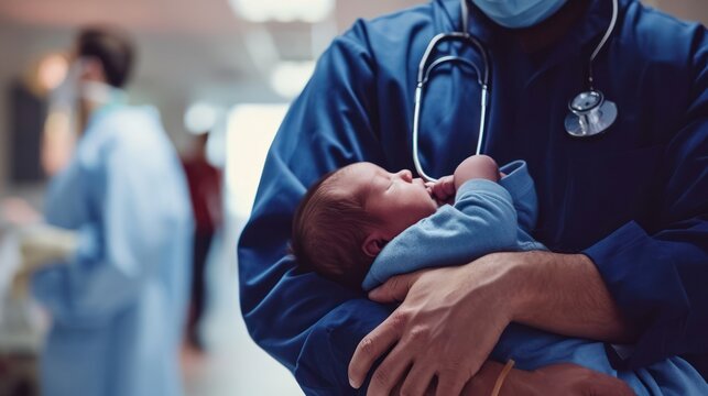 Generative AI, Pediatrician Doctor Holding A Newborn Baby In Hospital, Concept Of Childbirth And Healthcare Professionals	