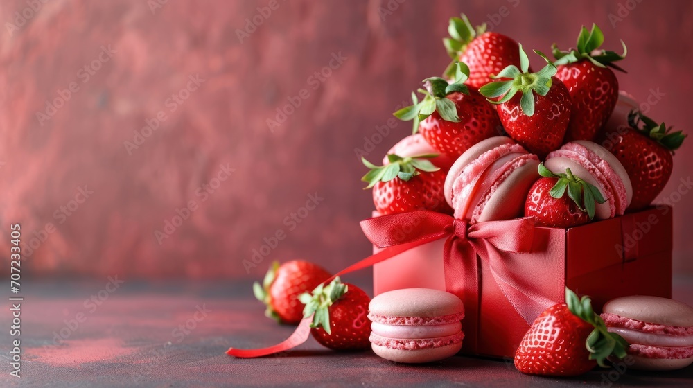 Poster  a close up of a box of macaroons with strawberries on the top of it and a bow around the macaroons on the bottom of the box.