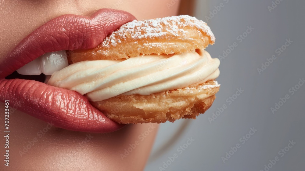 Poster a close up of a person biting into a doughnut with icing on the top of it and a bite taken out of on