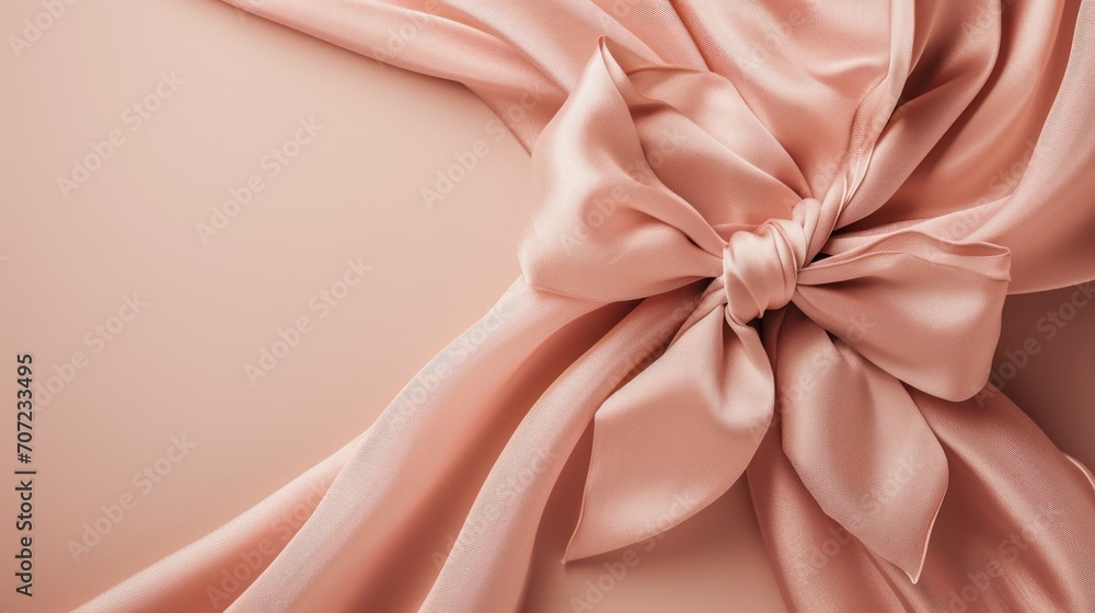Poster a close up view of a pink satin fabric with a large bow on the side of the top of the fabric and the