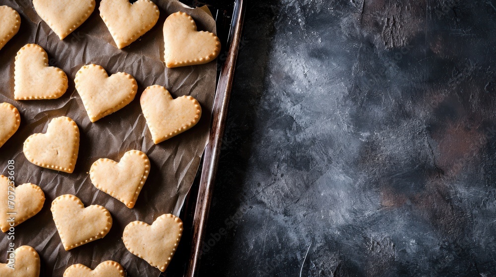 Poster a tray filled with heart shaped cookies on top of a baking sheet on top of a baking sheet on top of 