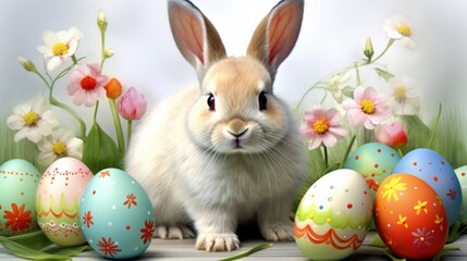 Easter bunny and Easter eggs on wooden background with spring flowers. Bunny near empty white frame.