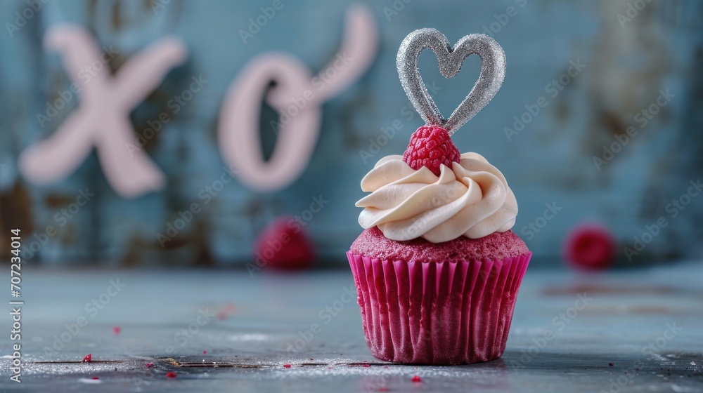Poster a close up of a cupcake with frosting and a heart on top of it with a fork sticking out of the cupca