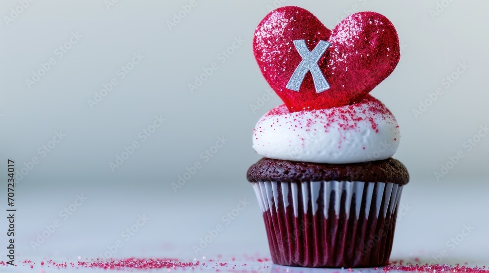Poster a close up of a cupcake with frosting and a heart on top of it with a x on top of the cupcake with s
