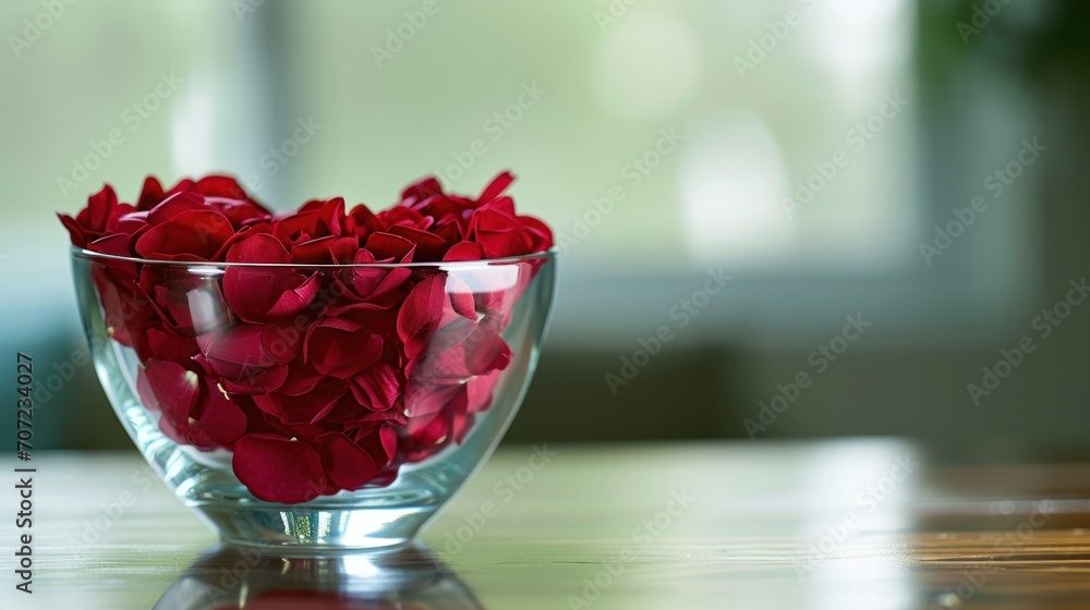 Poster a glass bowl filled with red flowers on top of a wooden table in front of a window with a curtained 