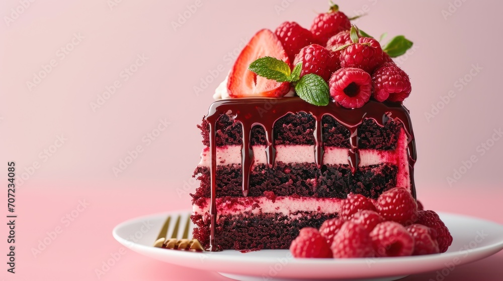 Aufkleber a piece of cake on a plate with raspberries and strawberries on the top of the cake and the rest of 