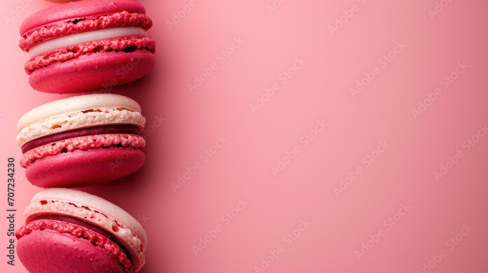 Poster a row of pink macaroons sitting on top of each other on a pink background with a pink background and
