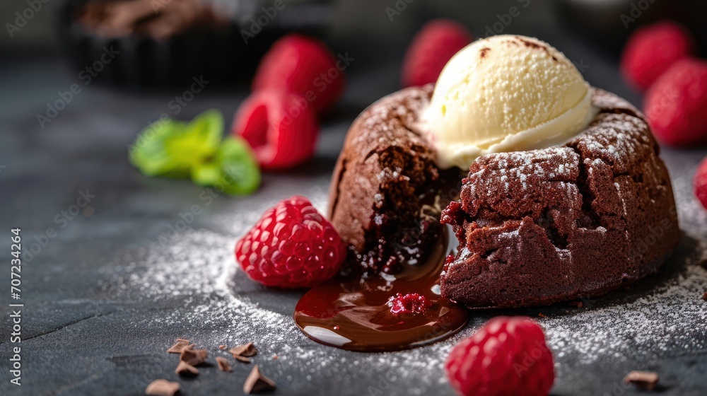 Poster a chocolate cake with a scoop of ice cream on top of it and some raspberries on the side of the plat