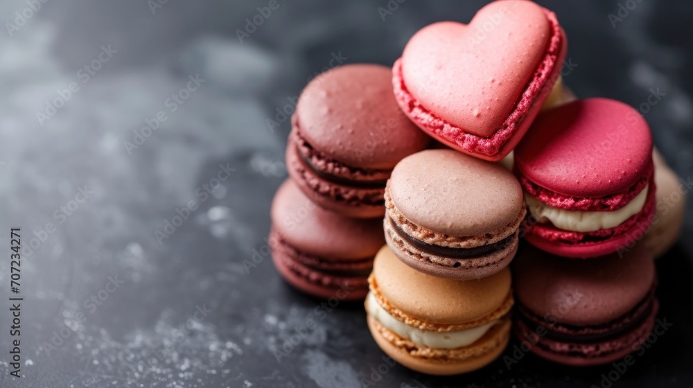 Aufkleber a stack of macaroons sitting on top of each other on top of a black surface with a heart - shaped ma