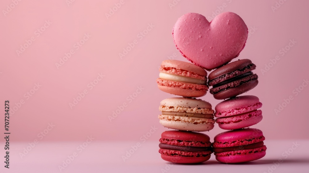 Poster a stack of macaroons with a heart shaped cookie on top of each macaroni and cheese on top of each ma