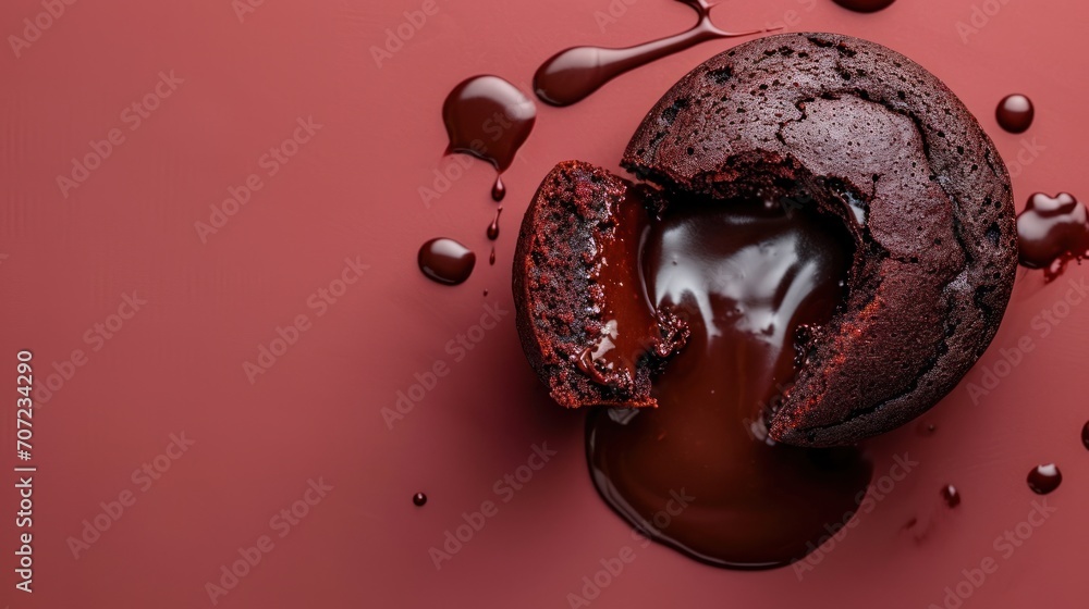 Aufkleber a chocolate donut with a bite taken out of it sitting on a pink surface with drops of chocolate on t
