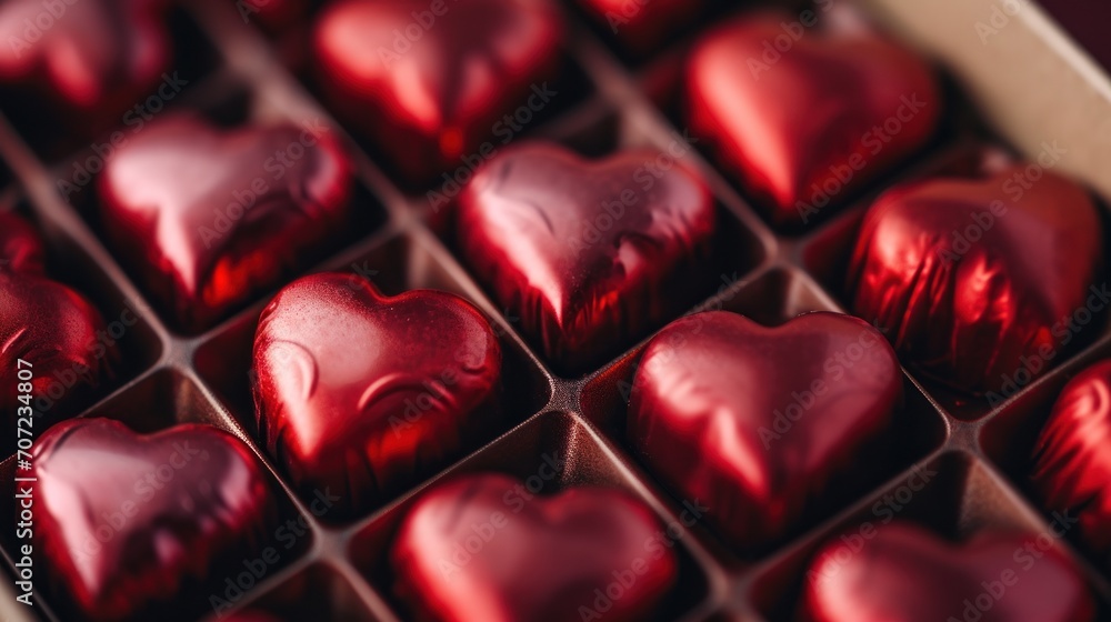 Poster a close up of a box of chocolates with heart shaped chocolates in the middle of the box and the choc