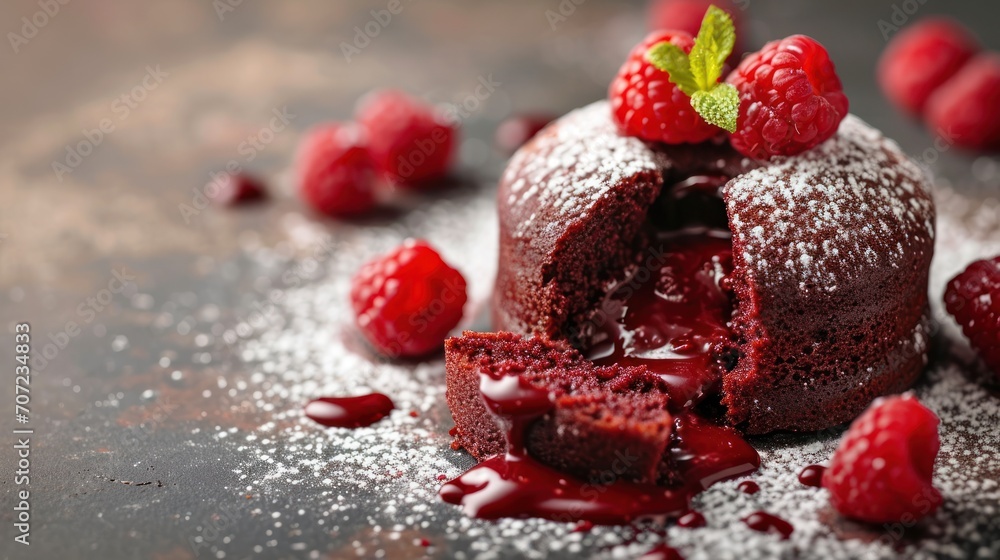 Poster a cake with a bite taken out of it with raspberries on top of it and powdered sugar on the bottom of