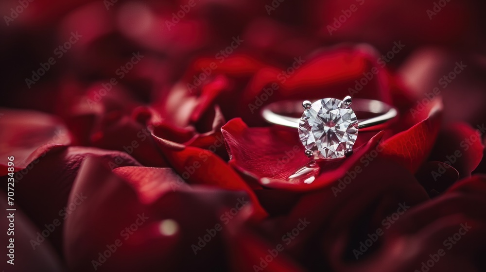 Poster a close up of a diamond ring on a red rose with petals in the background and a blurry image of a sin