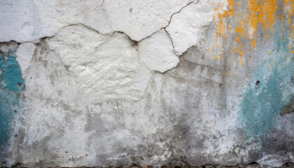 Close-up of a weathered aged, cracked concrete wall texture with peeling white, blue, orange paint and concrete revealing the textured surface beneath.