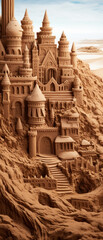 Bright and cheerful image of a sandy beach with a sandcastle.