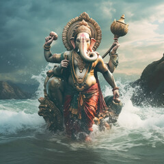 lord Ganesha sculpture on sea wave - obrazy, fototapety, plakaty