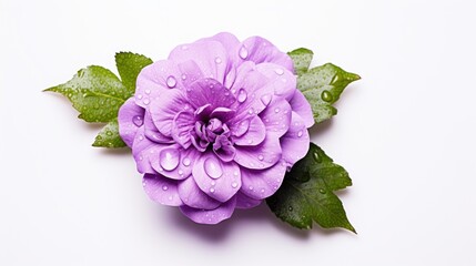 Obraz premium purple flower with water drops on a white background, top view