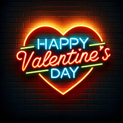 A conceptual design of a heart-shaped neon sign glowing against a dark brick wall, with 'Happy Valentine's Day' in a bright, neon-style font. 