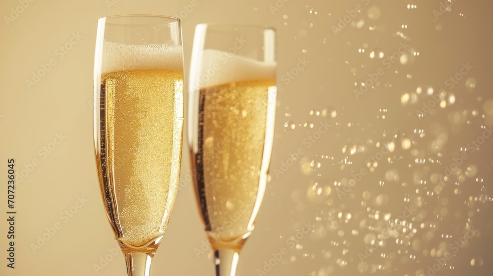 Poster a close up of two glasses of champagne with bubbles on the bottom of the glasses and on the bottom o