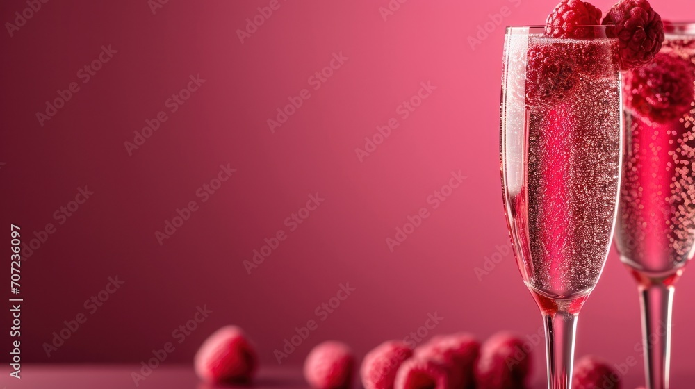 Poster two champagne flutes filled with raspberries next to a row of raspberries on a pink background with 