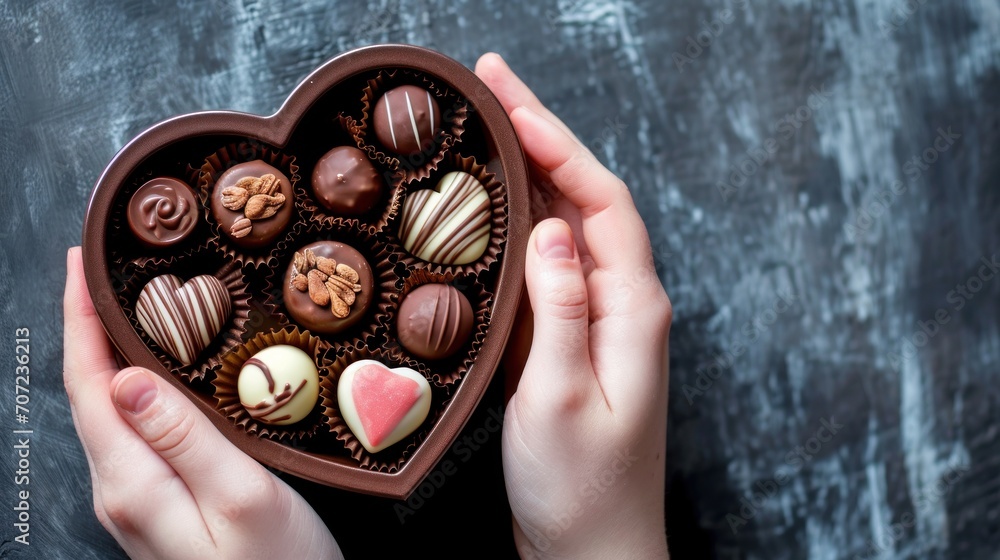 Poster a heart shaped box of assorted chocolates being held by a woman's hands on a gray surface with a cha